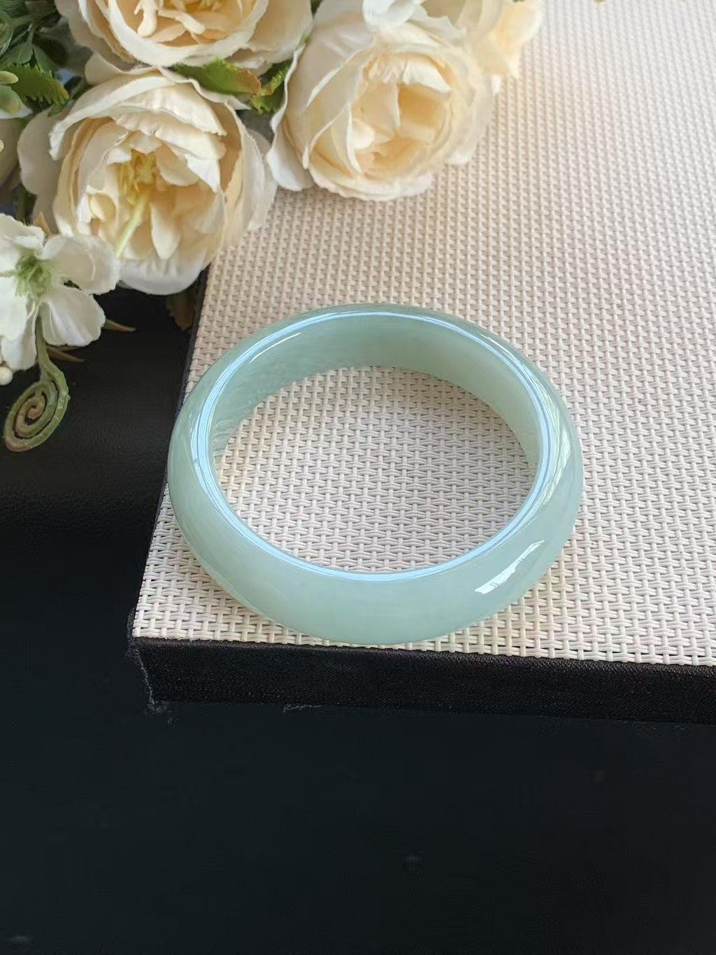 冰糯化 冰湖水绿正圈手镯 尺寸53-12.5-8,小细纹